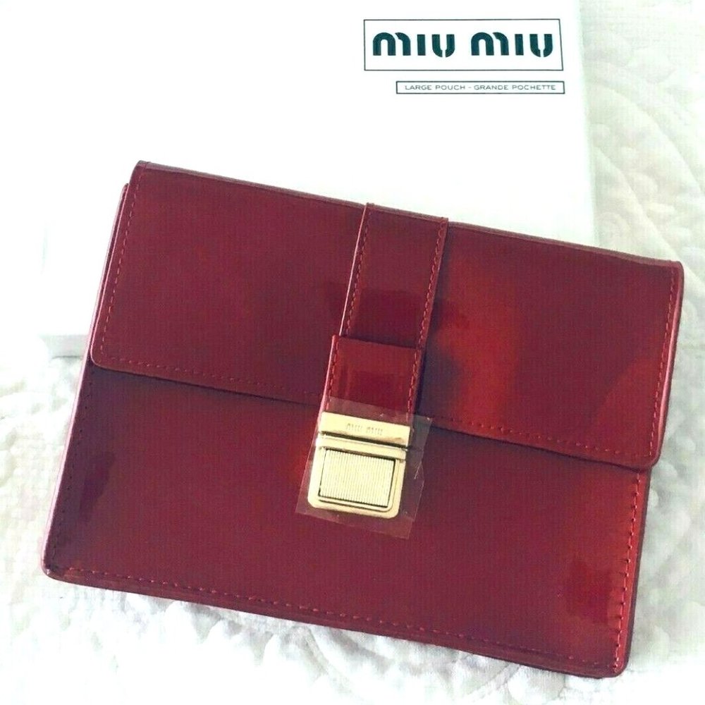 SOLD Luxe MIU MIU Patent Burgundy Red Pouch Clutch Cosmetic Bag w Gold accent LE - Picture 1 of 9